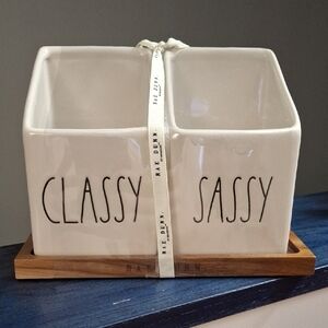 NEW!! Rae Dunn CLASSY - SASSY Ceramic Organizers with Wooden Tray